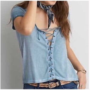 American Eagle Soft & Sexy Blue Grey Tie Up Top — Size: S